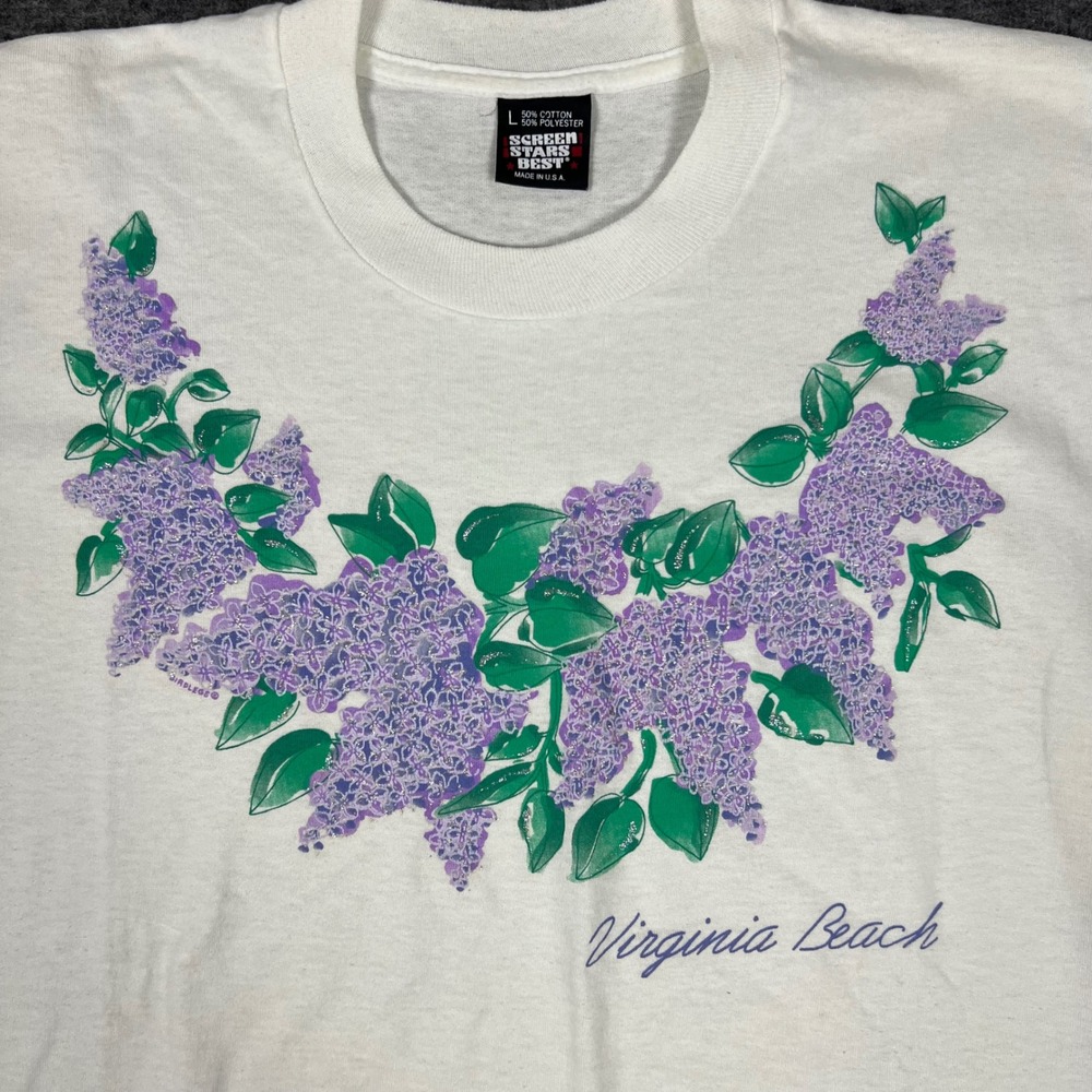 Vintage Floral Virginia Beach T-Shirt Womens Large White Lilac Single Stitch USA